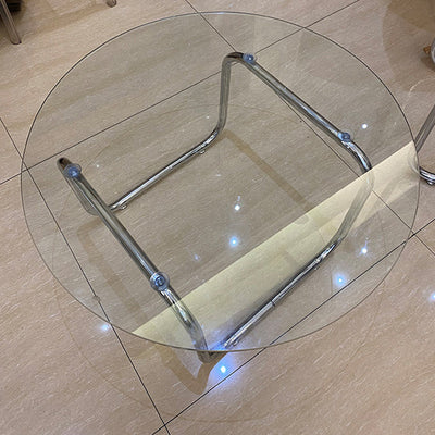 Modern Minimalist Round Glass Steel Tube Base Coffee Table For Living Room