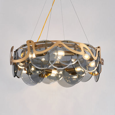 Contemporary Luxury Gold Finish Frame Cloud Texture Glass Disc 8/10-Light Chandelier For Living Room