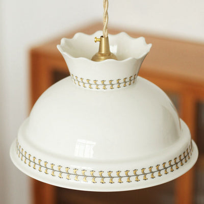 Traditional Japanese Brass Ceramic Round Bowl 1-Light Pendant Light For Dining Room