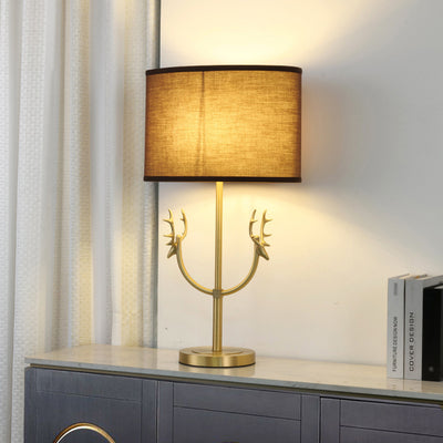 Contemporary Retro Fabric Brass Cylinder Deer 1-Light Table Lamp For Bedside