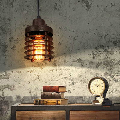 Contemporary Industrial Openwork Cylinder Iron 1-Light Pendant Light For Living Room