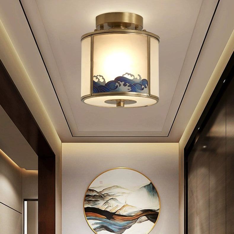 Traditional Chinese Painting Cylinder Copper Solder 1-Light Semi-Flush Mount Ceiling Light For Bedroom