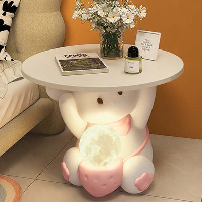 Modern Art Deco Kids Rabbit Round Plate Rectangular Drawer Resin Wood Enamel End Table 1-Drawer With LED Light For Bedroom