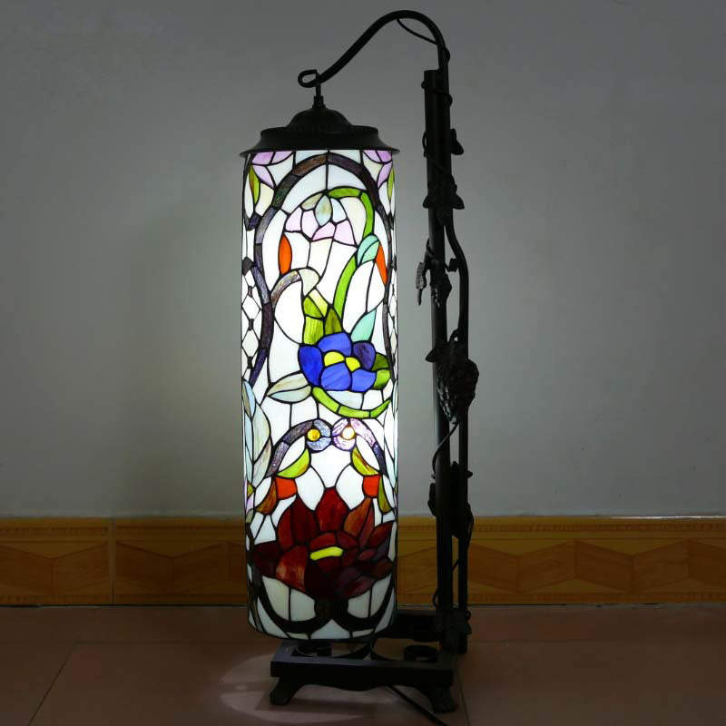 Traditional Tiffany Column Iron Glass 2-Light Standing Floor Lamp For Living Room