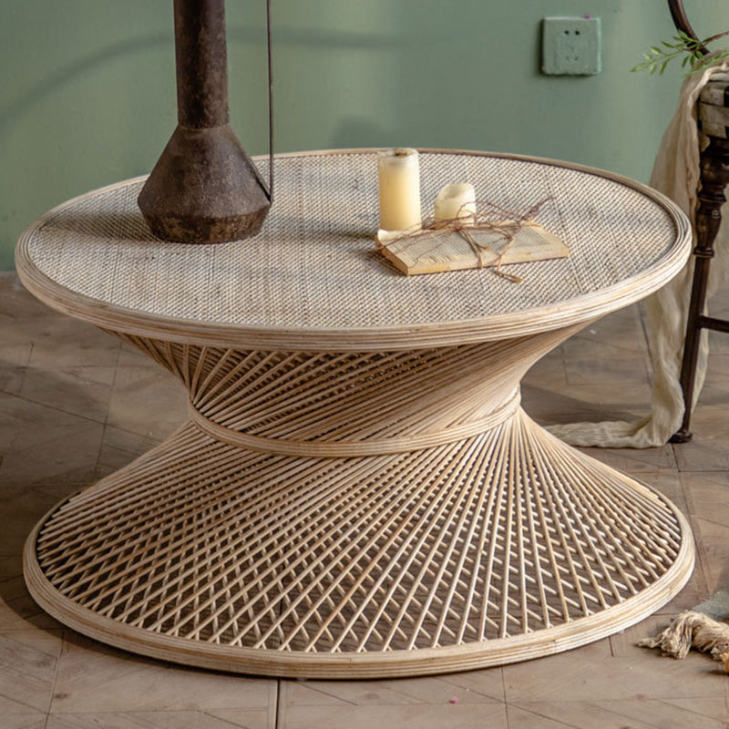 Traditional Japanese Round Rattan End Table 1-Tier For Living Room