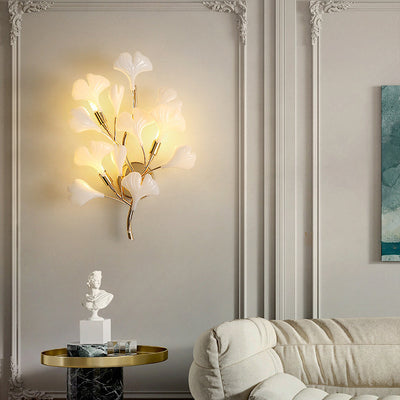 Contemporary Creative Ginkgo Leaf Iron Plastic Porcelain 2/3 Light Wall Sconce Lamp For Living Room