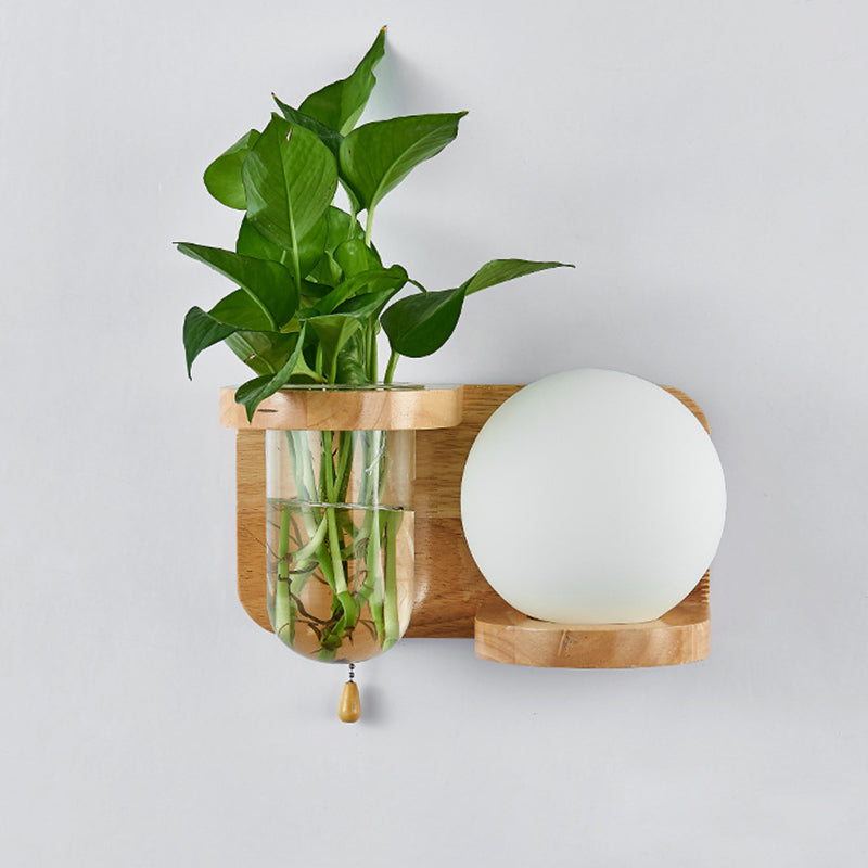 Modern Minimalist Rectangular Cylinder Orb Glass Wood 1-Light Wall Sconce Lamp For Living Room
