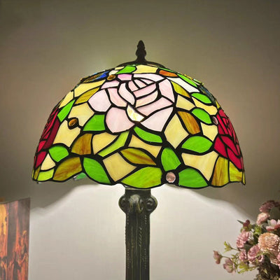 Traditional Tiffany Dome Flower Iron Glass 1-Light Table Lamp For Living Room