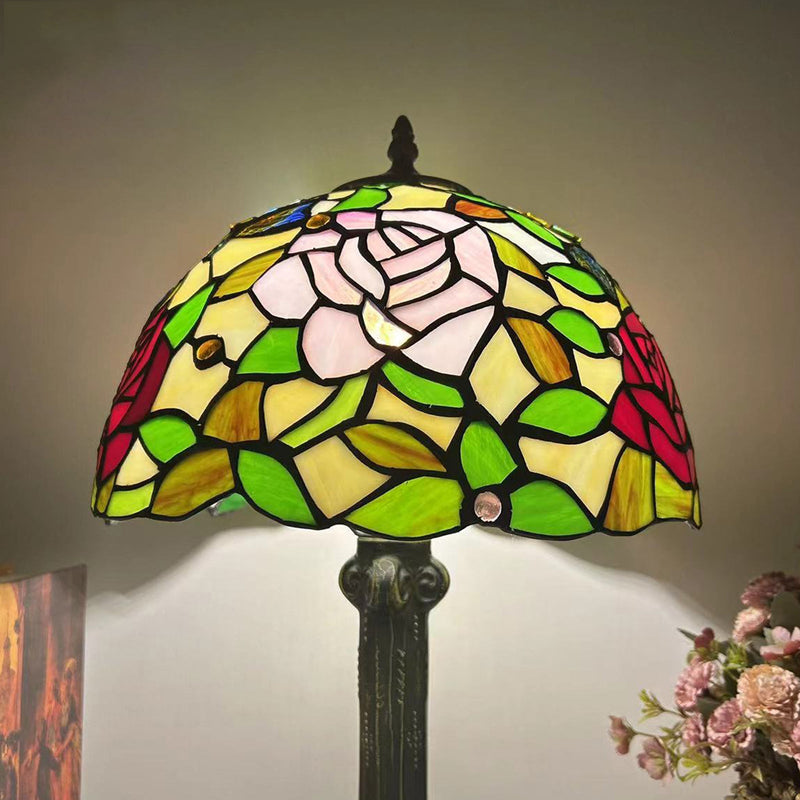 Traditional Tiffany Dome Flower Iron Glass 1-Light Table Lamp For Living Room