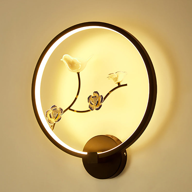 Traditional Chinese Round Plum Blossom Lotus Leaf Aluminum Acrylic LED Wall Sconce Lamp For Living Room