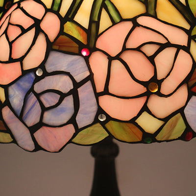 Traditional Tiffany Rose Flower Stained Glass Dome 1-Light Table Lamp For Bedroom