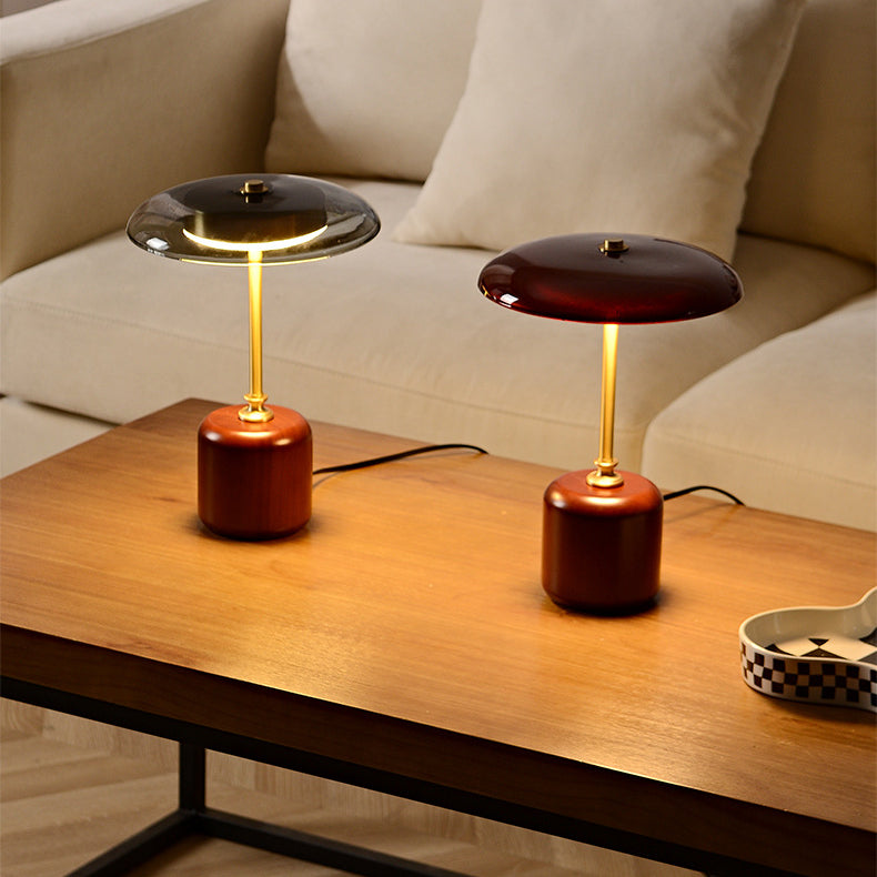 Contemporary Retro Brass Wood Glass Round Cylinder LED Table Lamp For Bedside