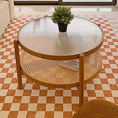 Modern Minimalist Round Horizontal Strip Glass Rattan Wooden Coffee Table 2-Tier For Living Room