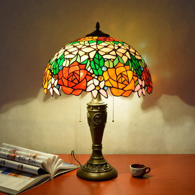 Traditional Tiffany Rose Umbrella Resin Stained Glass 2-Light Table Lamp For Bedroom