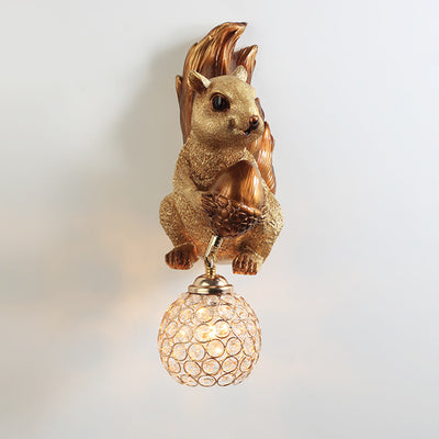 Traditional European Kids Squirrel Ball Crystal Resin 1-Light Wall Sconce Lamp For Bedside