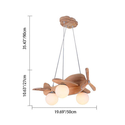 Contemporary Creative Wooden Propeller Plane 3-Light Kids Chandelier For Living Room