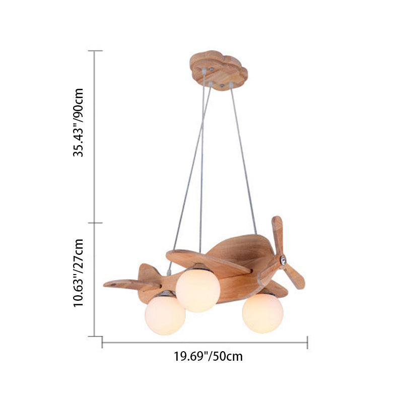 Contemporary Creative Wooden Propeller Plane 3-Light Kids Chandelier For Living Room