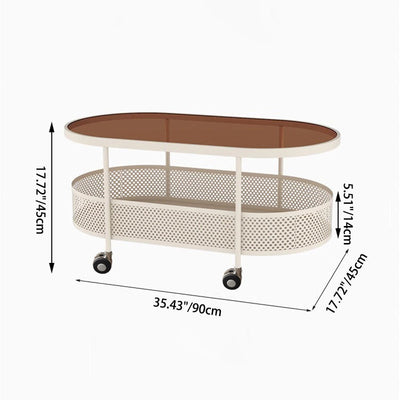 Modern Simplicity Oval Glass Top Iron Movable Side Table 2-Tier Cabinet For Living Room