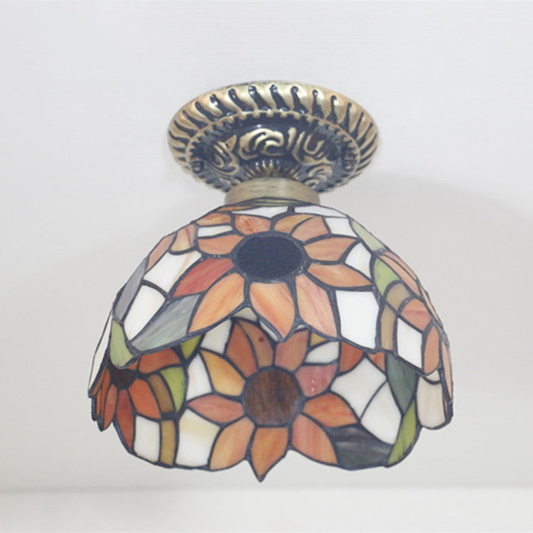 Traditional Tiffany Stained Glass Sunflower Bowl Shape 1-Light Semi-Flush Mount Ceiling Light For Living Room