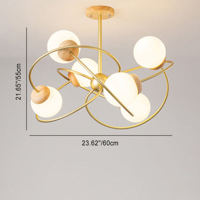 Contemporary Nordic Surround Round Orb Iron Wood Glass 4/6 Light Chandelier For Living Room