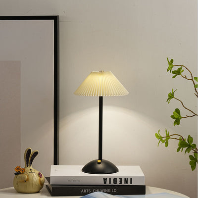 Contemporary Scandinavian Rechargeable Iron Fabric Conic Pleated LED Table Lamp For Bedside