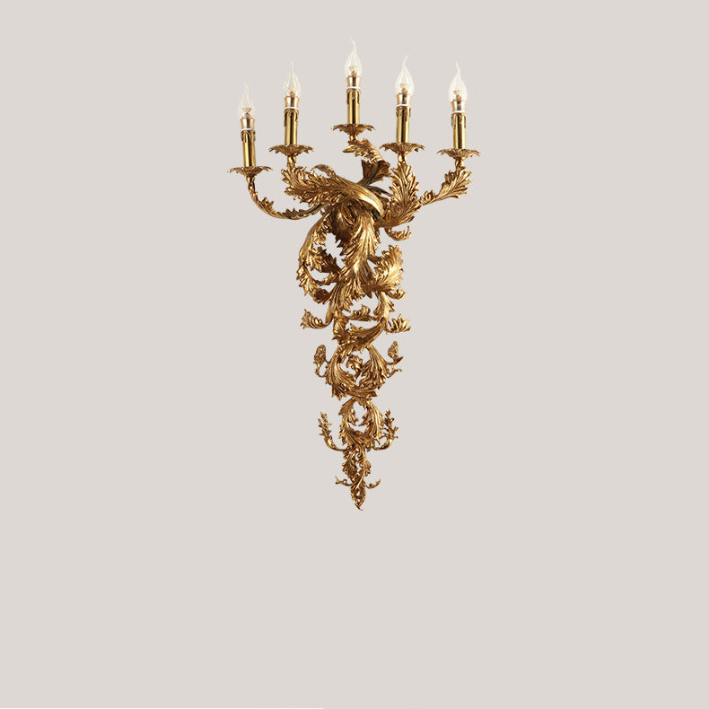 Traditional French Full Copper Carved Lamp Arm Palace Candelabra 5-Light Wall Sconce Lamp For Living Room