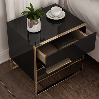 Modern Simplicity Cubic Solid Wood Stainless Steel Frame Nightstand 2-Drawer For Bedroom