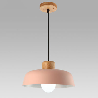 Contemporary Scandinavian Round Bowl Metal Rubber Wood 1-Light Pendant Light For Dining Room