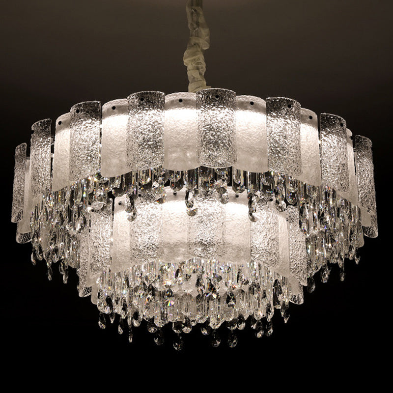 Traditional French Round Ripple Metal Crystal Glass LED Chandeliers For Living Room