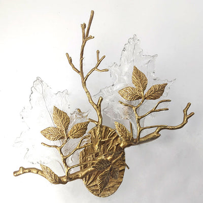 Modern Luxury Copper Colored Glass Maple Leaf Branch 2-Light Wall Sconce Lamp For Living Room