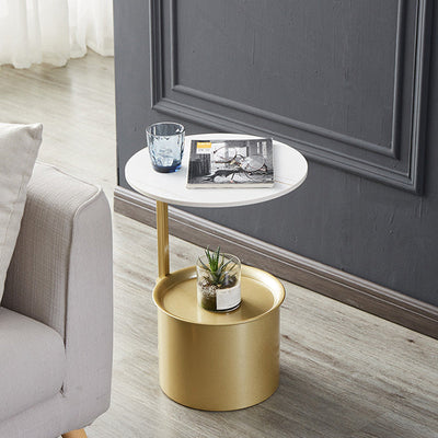 Modern Minimalist Round Iron Rock Slab Side Table 1-Storage For Living Room