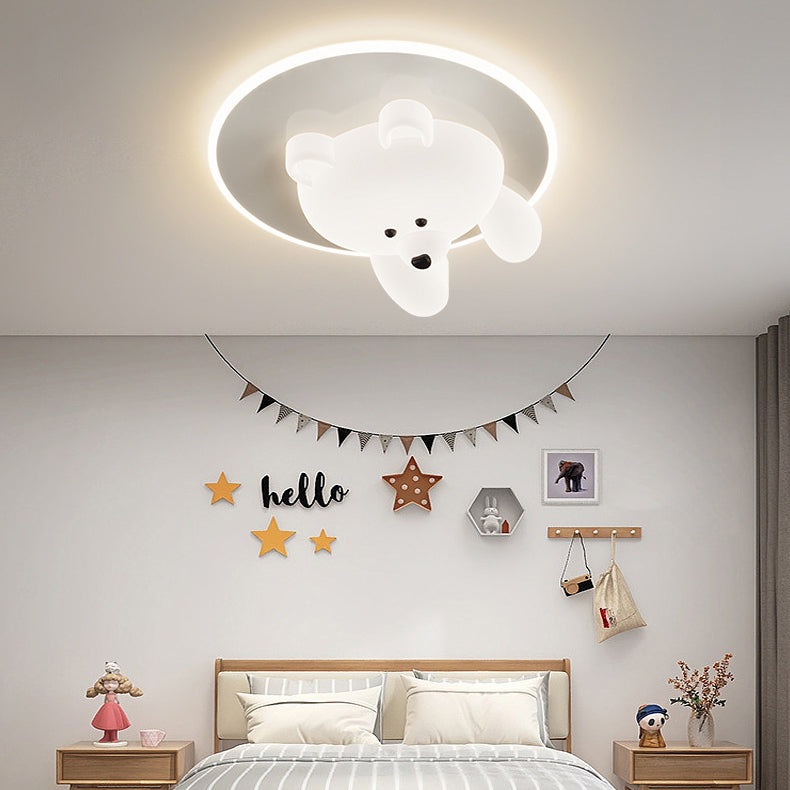 Modern Art Deco Round Cloud Bear Acrylic Iron LED Flush Mount Ceiling Light For Bedroom