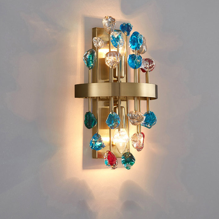 Modern Luxury Gold Finish Frame Colorful Crystal Stone 2-Light Wall Sconce Lamp For Living Room