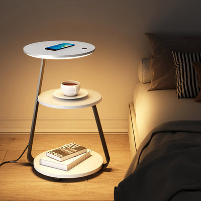 Contemporary Nordic Round Walnut Marble Iron Nightstand Mobile Phone Wireless Charging 2-Tier For Bedside