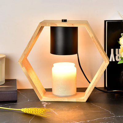 Lampe de table à 1 lumière hexagonale minimaliste moderne en métal et bois pour aromathérapie 