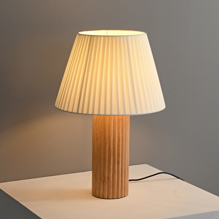 Contemporary Retro Cylinder Pleated Wood Fabric Brass 1-Light Table Lamp For Bedside