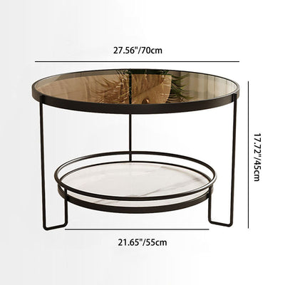 Modern Minimalist Round Glass Rock Slab Iron Coffee Table 2-Tiers For Living Room