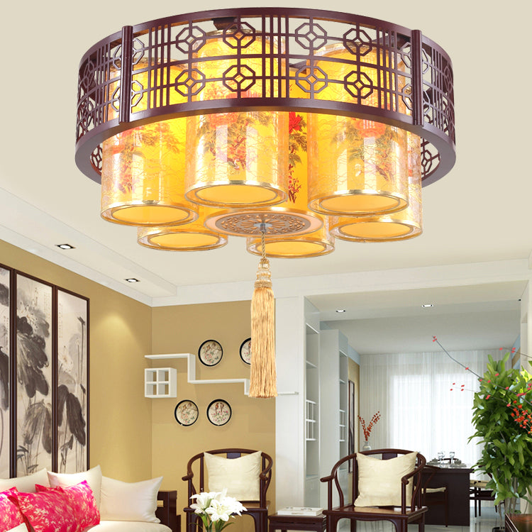 Traditional Chinese Iron Wood PVC Round Cylinder Printed 7/9/11 Light Chandeliers For Dining Room