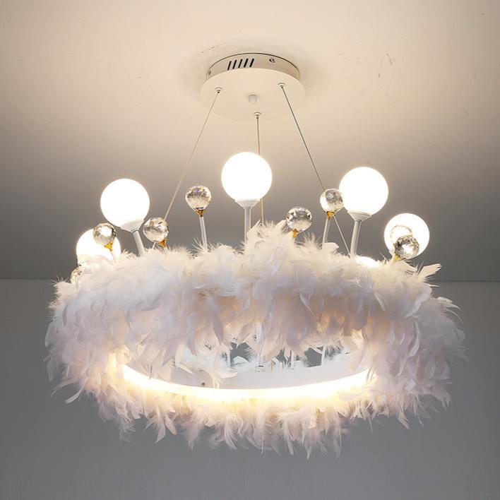 Contemporary Creative Crown Acrylic Ring Feather Decor LED Chandelier For Living Room