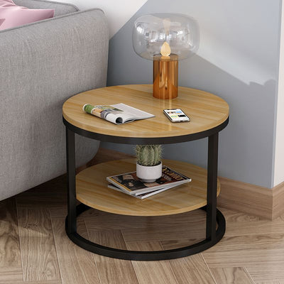 Modern Simplicity Round Wood Iron Frame Side Table 2-Tier For Living Room