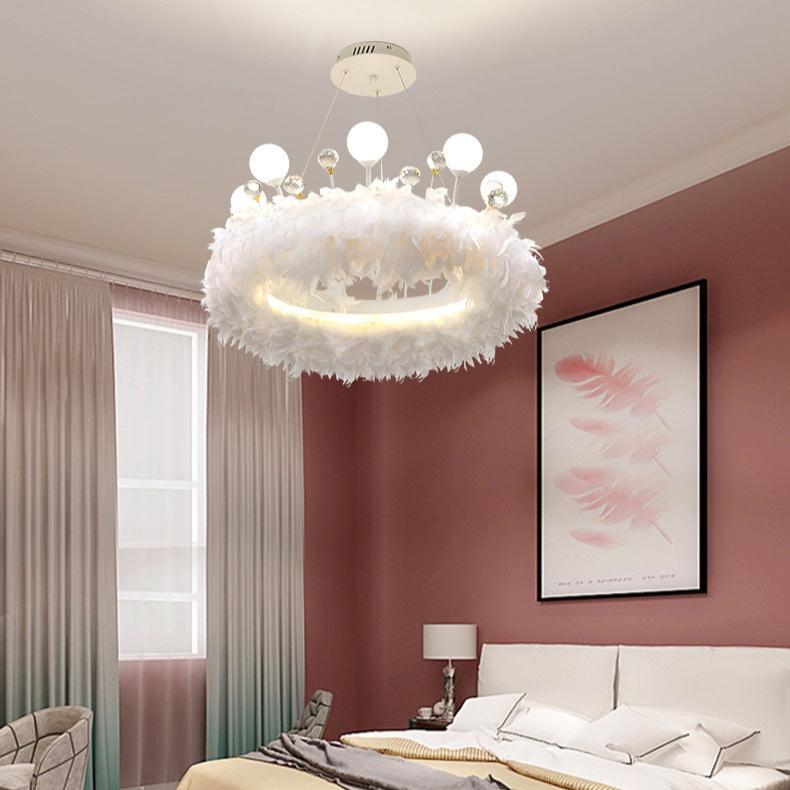 Contemporary Creative Crown Acrylic Ring Feather Decor LED Chandelier For Living Room