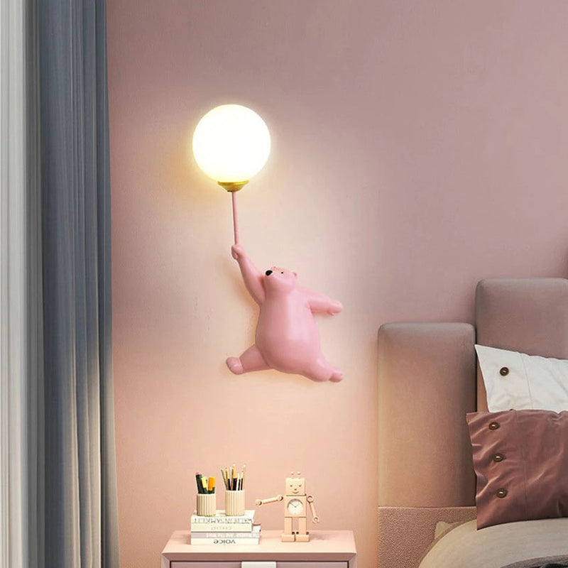 Lampe murale contemporaine créative à 1 lumière en résine et verre ours pour chambre à coucher 