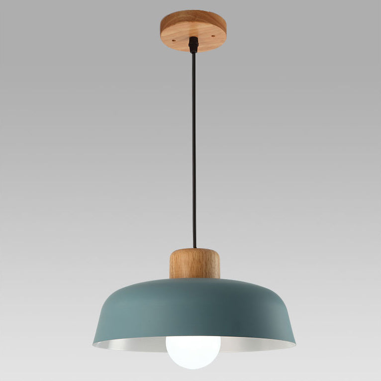 Contemporary Scandinavian Round Bowl Metal Rubber Wood 1-Light Pendant Light For Dining Room