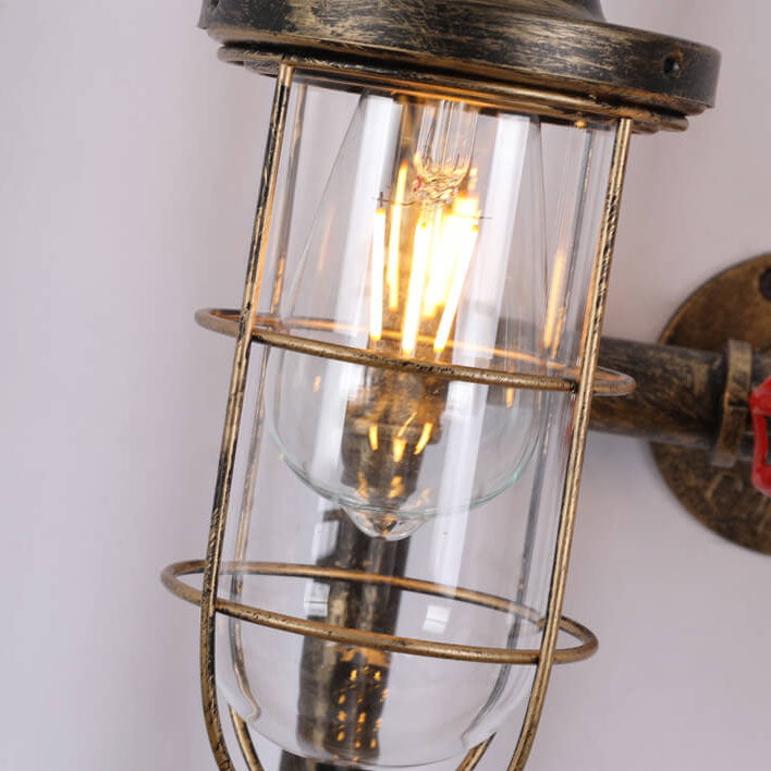 Retro Industrial Wrought Iron Water Pipe Round Glass Shade 2-Light Wall Sconce Lamp