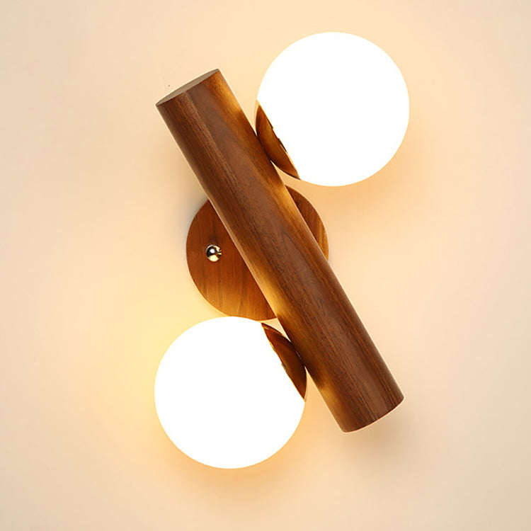 Traditional Japanese Metal Rubber Wood Walnut Glass Cylinder Strip Ball 2-Light Wall Sconce Lamp For Bedside