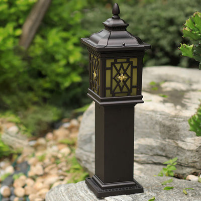 Traditional Chinese Waterproof Palace Roof Rectangular Pillar Aluminum Glass 1-Light Outdoor Lawn Landscape Light For Garden