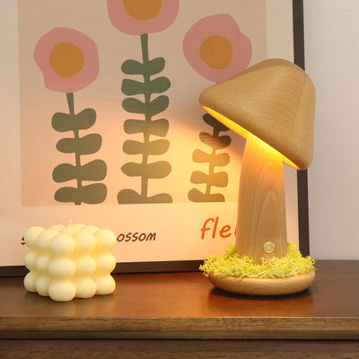 Modern Art Deco Mushroom Round Solid Wood LED Table Lamp For Bedroom