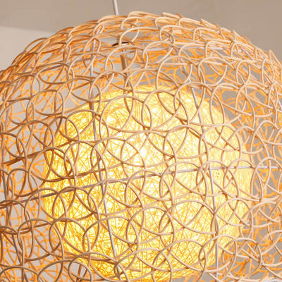 Contemporary Boho Round Rattan Weaving 1-Light Pendant Light For Dining Room