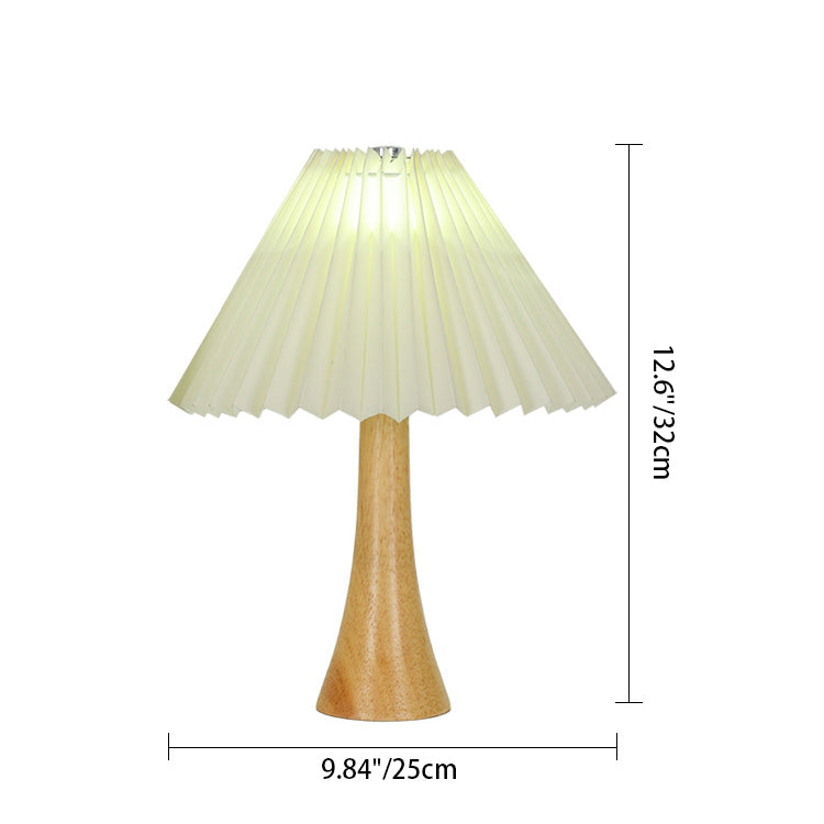 Traditional Japanese Pleated Fabric Shade Wood Column Base LED USB Table Lamp For Bedroom