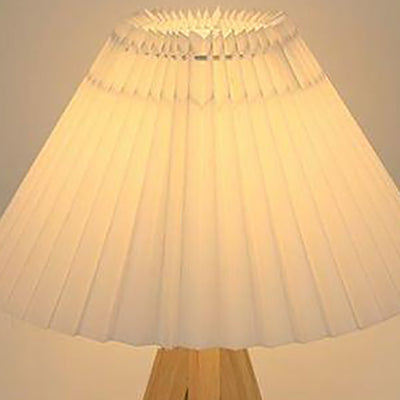 Modern Minimalist Trapezoid Tripod Pleated Fabric Shade Wood 1-Light Table Lamp For Bedroom